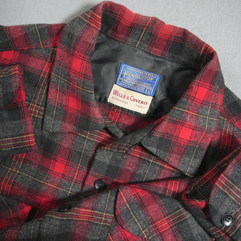 Vintage Pendleton Camp Collar Plaid Wool Board Men Shirt L Red Black Cabin